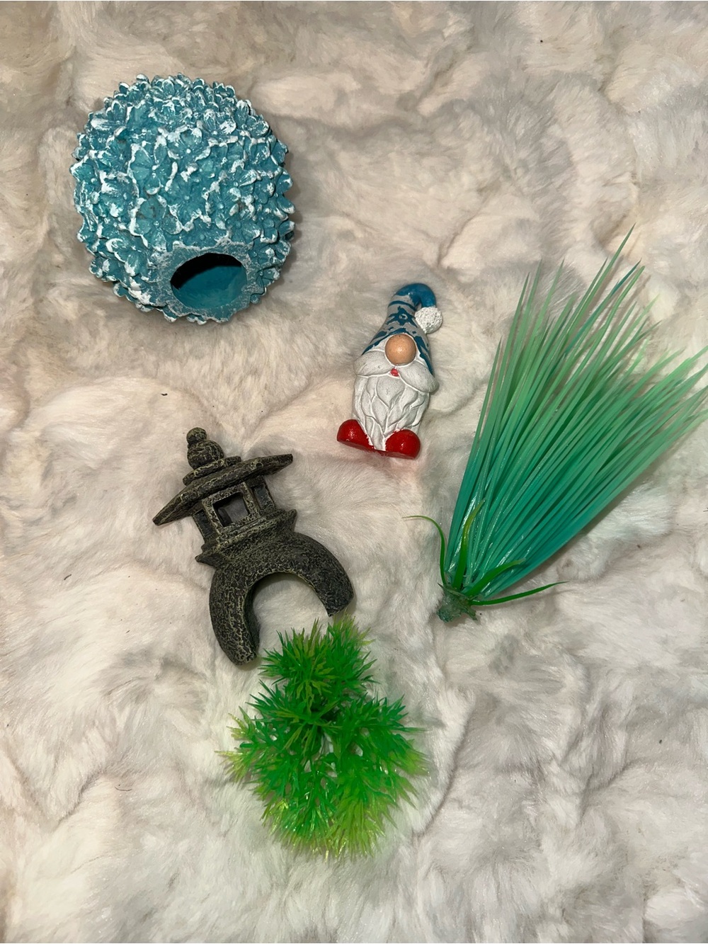 Fish Tank Decor Set- 5pc Gnome, Bubble, Plant Garden Accent, Etc- Essentials